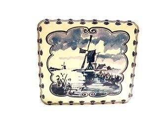 Vintage Delft Blue and White Holland House Cookie Tin  Vintage Windmill Delft Design in Blue and White Cookie Tin  Vintage Cookie Tin