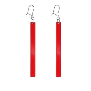 May include: A pair of long, red, rectangular earrings with silver hooks.