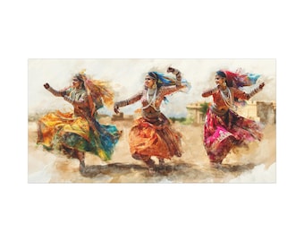 May include: Three women in colorful traditional Indian clothing dance in a desert landscape. The women are wearing vibrant saris and jewelry, and their movements are fluid and graceful.