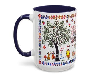 Ethnic Coffee Mug India Folk Art Ceramic Cup Tribal Design Chai Tea Latte Coffee Mug Boho Ceramic Drinkware Pichwai Art Ceramic Mug 15 oz