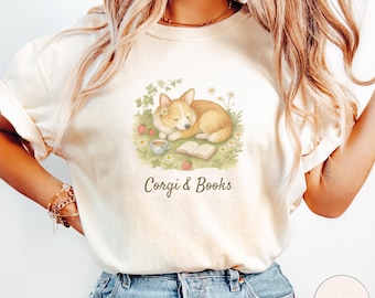 Comfort kleuren Corgi en boeken T-shirt, honden- en boekenliefhebber cadeau, schoolse lezing T-shirt, boekenclubshirt, boekenwurmkleding, shirt bibliothecaris