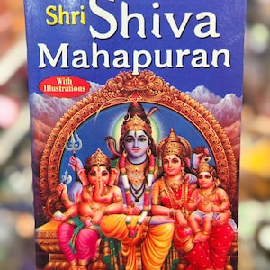 May include: A book titled "Shri Shiva Mahapuran" with illustrations. The cover is blue with gold and white lettering. The image on the cover depicts a colorful illustration of Hindu deities.