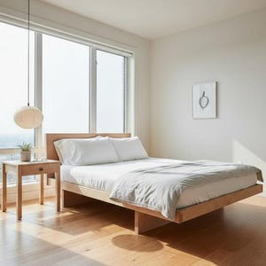 May include: A light-toned wooden platform bed frame with a white mattress, white pillows, and a light gray blanket. A matching wooden nightstand with a small potted plant sits beside the bed, illuminated by a round white pendant light fixture.