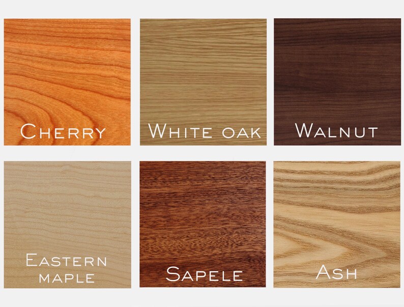 K&ouml;nnte beinhalten: Eine Holzmaserung-Vergleichstabelle, die sechs verschiedene Holzarten zeigt: Kirsche, Wei&szlig;eiche, Nussbaum, Ahorn aus dem Osten, Sapele und Esche.