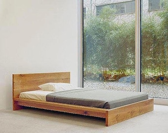 Modern Pacific Bed with Headboard, Minimalist Low Platform Bed, Wooden Bedroom, Solid Wood Furniture