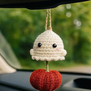 Crochet Ghost Pumpkin Car Charm | Cute Halloween Rearview Mirror Hanger | Spooky Cute Fall Decor | Handmade Amigurumi Ghost Ornament
