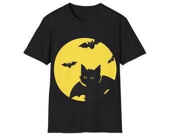 Camiseta de Halloween de gato negro: Luna espeluznante y murciélagos, unisex