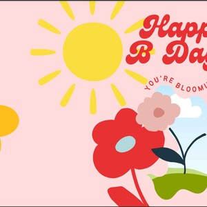 Wunderschöne, farbenfrohe, minimalistische Happy B Day-Karte zum Ausdrucken. Perfekt für eine junge Dame und für alle Frauen. Weil Frauen nie aufhören zu blühen!