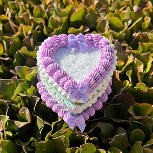 Coconut Inspired Mint and Purple Heart Shaped Faux Cake Trinket Box/ Faux Cake Jewelry Box/ Coconut Romance Inspired Trinket Box