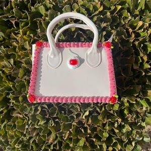 Romantic Red and White Inspired Faux Cake Purse/ Faux Cake Purse, Pearls, Flowers and Cherry on top Purse
