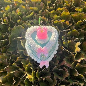 Caja de baratijas con forma de corazón con adornos de menta y rosa, caja de joyería con forma de pastel falso, caja de baratijas con forma de cereza de resina