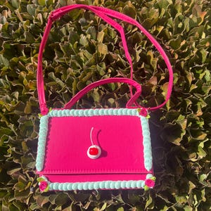 Romantic Pink and Green Inspired Faux Cake Purse/ Faux Cake Purse, Pearls, Flowers and Cherry on top Purse