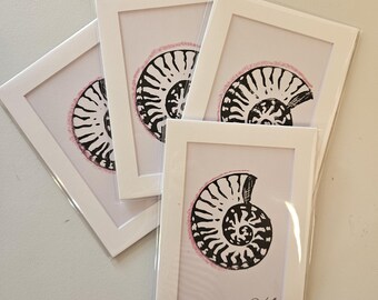 Hand-Carved Stamp Print with Oil Pastel Embellishments – Nautilus