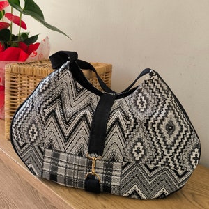 Artisan shoulder bag, rounded bag, handmade quality bag, geometric print bag, casual fabric bag