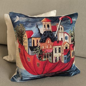 Cuscino arredo fantasia, federa con cittá, copri cuscino ,cucito a mano, cuscino decorativo con paesino, paesaggio astratto