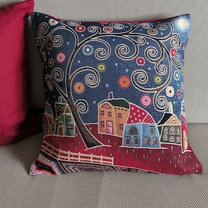 Cuscino arredo fantasia, federa con paesaggio di notte, copri cuscino ,cucito a mano , cuscino decorativo