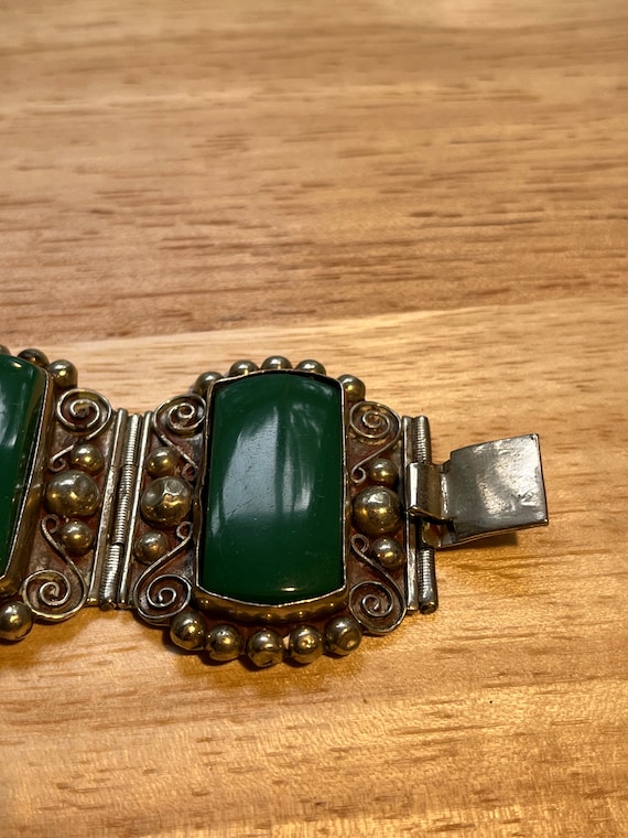 Vintage Mexico Taxco Silver Green Onyx Bracelet - image 9