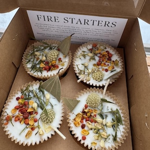 May include: Four white fire starters in paper cups with dried flowers and herbs. The fire starters are made with natural waxes like soy, coconut, or beeswax. The text on the box reads "Fire Starters".