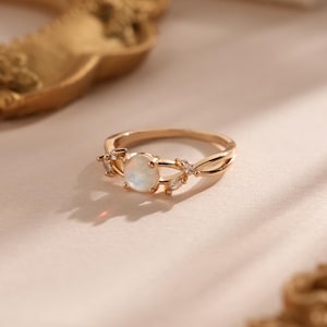 Dainty Opal Engagement Ring,October Birthstone Ring,Nature Inspired Art Deco Leaf Ring,Birthday Gift,Gift For Her,Anniversary gifts