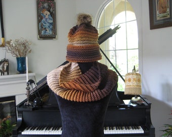 Brown Hombre infinity scarf and Hat crochet/knit