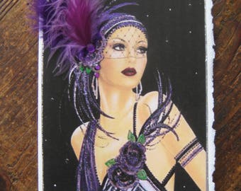 May include: A vintage-style illustration of a woman with dark hair wearing a purple feather headpiece, a beaded headband, and a purple and black dress. The background is black with silver glitter.