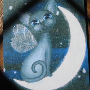 Angel Cat on the moon 8x10 wooden plaque