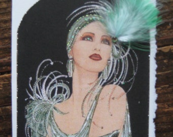 May include: A vintage-style illustration of a woman wearing a sparkling green and white dress and a feather headpiece. The background is black.