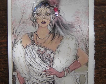May include: A vintage-inspired illustration of a woman wearing a white feathered hat, a white fur stole, and a black and white masquerade mask. The background is a soft pink and white.