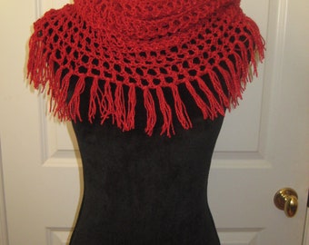 Red Hand crocheted infinity scarf,shawl.cover up
