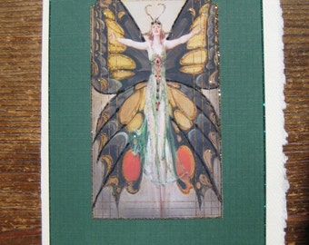 Art Deco Butterfly Goddess Card: Glitter Embellished Note Card
