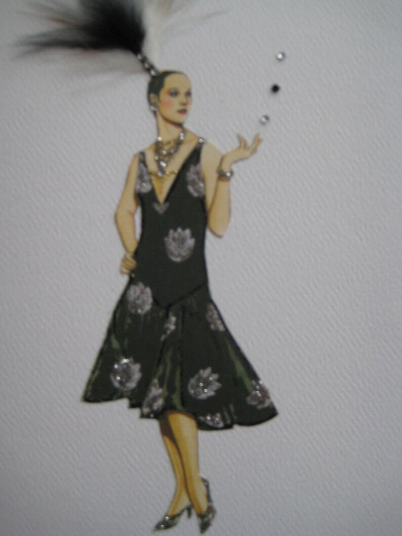 1927 Fashion illustration Cheruit Black taffeta Evening Dress with brocaded silver motifs designer note card