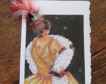 Art Deco fashion card "Golden girl in fur" 5x7 note card