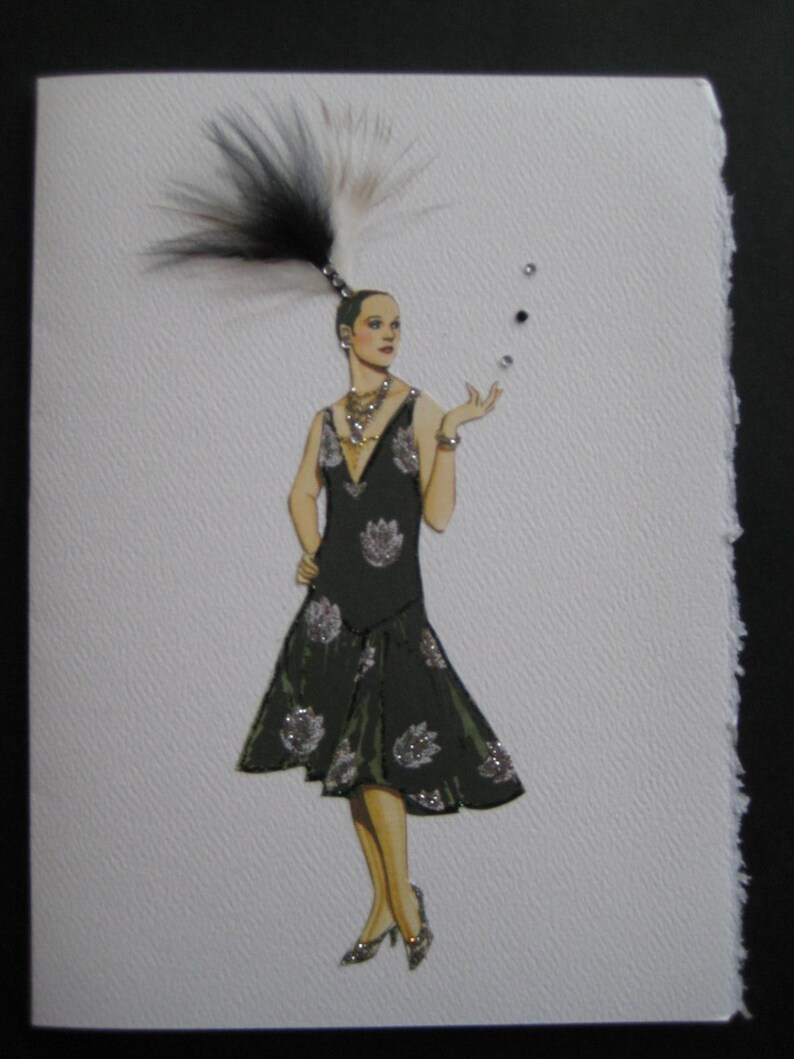 1927 Fashion illustration Cheruit Black taffeta Evening Dress with brocaded silver motifs designer note card