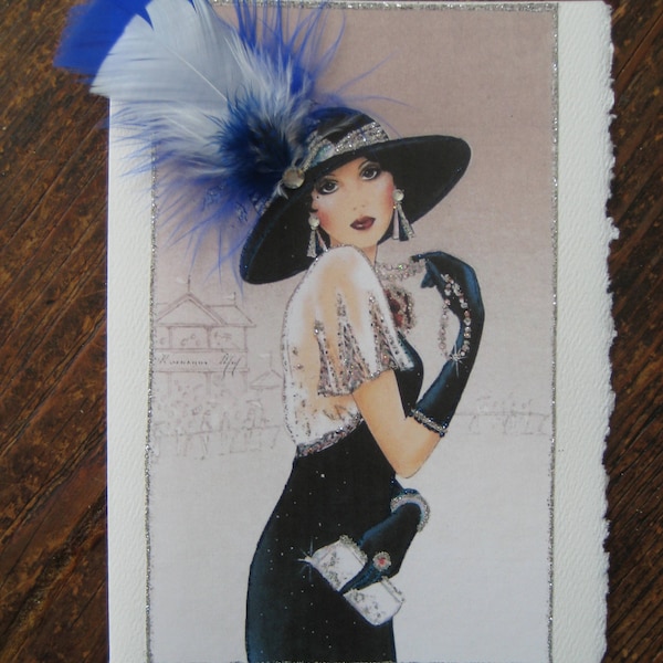 Art Deco "Blue Velvet with feather hat" card