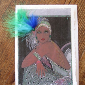 Carton de correspondance ethnique Art Déco « Dame paon » 5 x 7