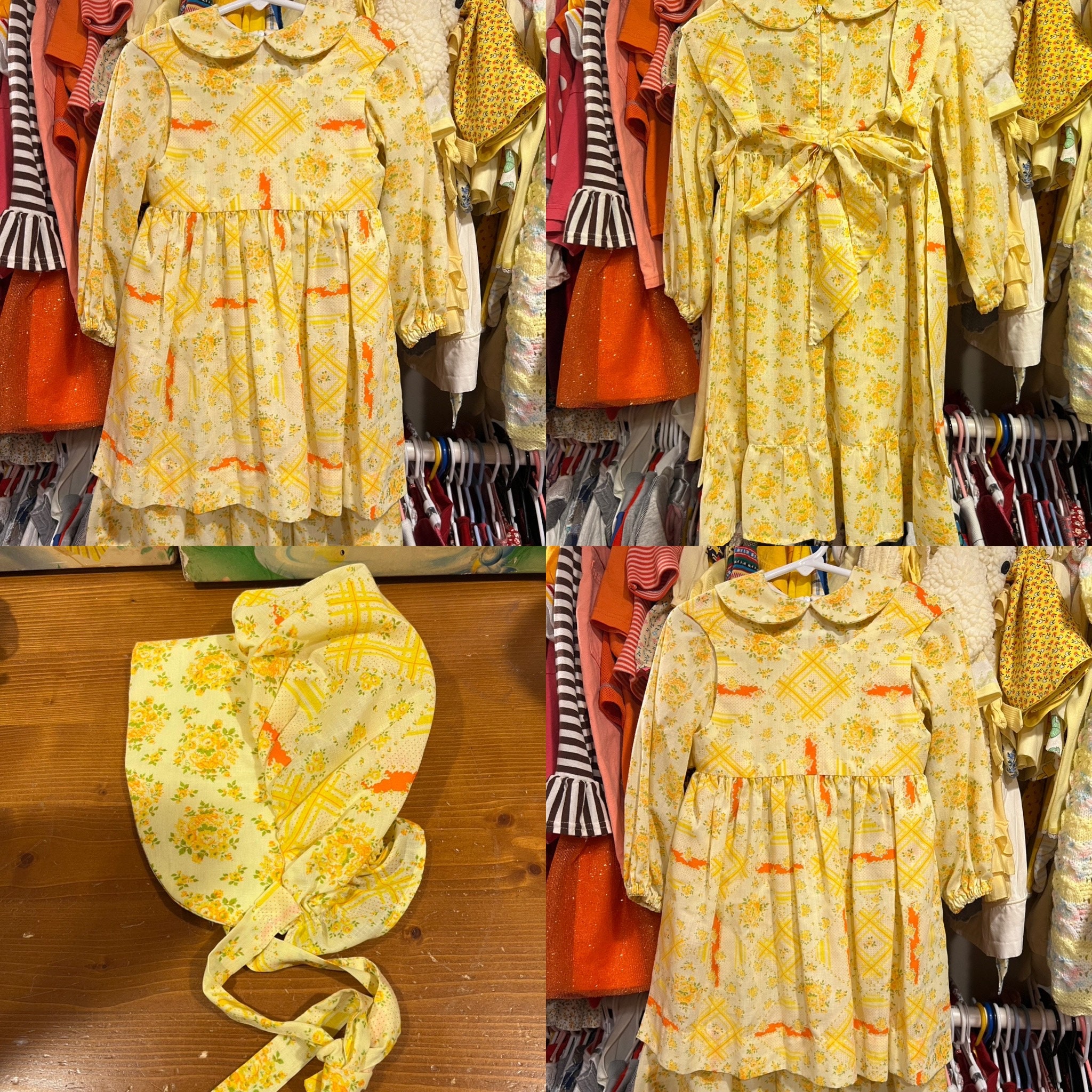 Vintage Aprons, Retro Aprons, Old Fashioned Aprons & Patterns 3T Prairie Apron Dress  Bonnet 1970S $32.00 AT vintagedancer.com