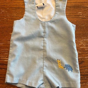 Vintage Baby Blue Romper (9-12 Months): Embroidered Giraffe & Elephant