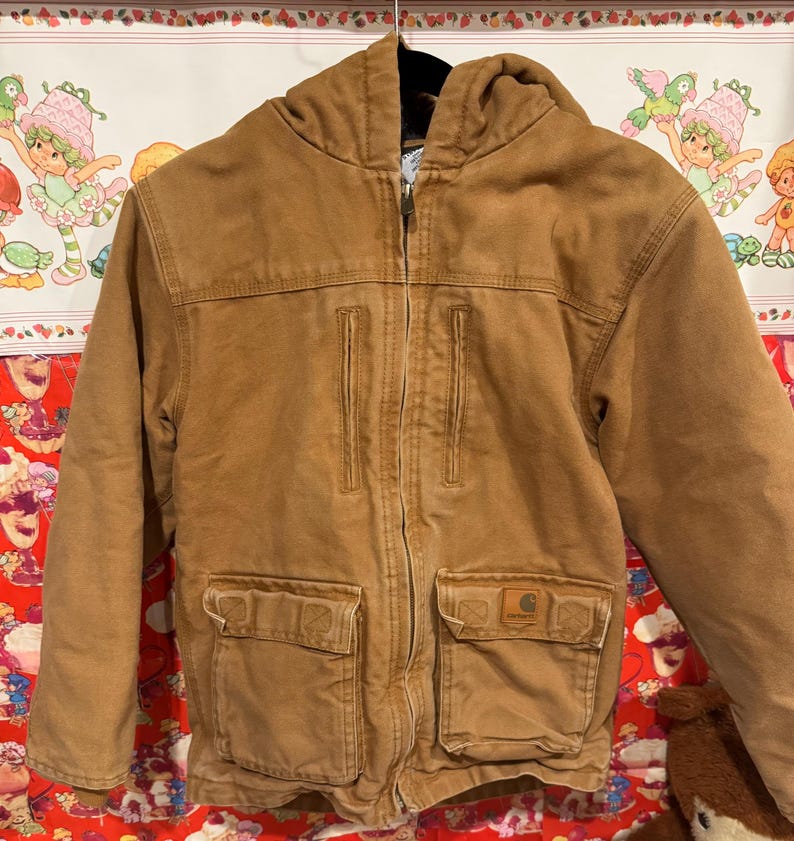Puede incluir: Chaqueta con capucha marr&oacute;n con cierre de cremallera, dos bolsillos en el pecho y dos bolsillos inferiores. La chaqueta tiene el logotipo de Carhartt en el bolsillo inferior derecho. La chaqueta est&aacute; colgada en una percha negra.
