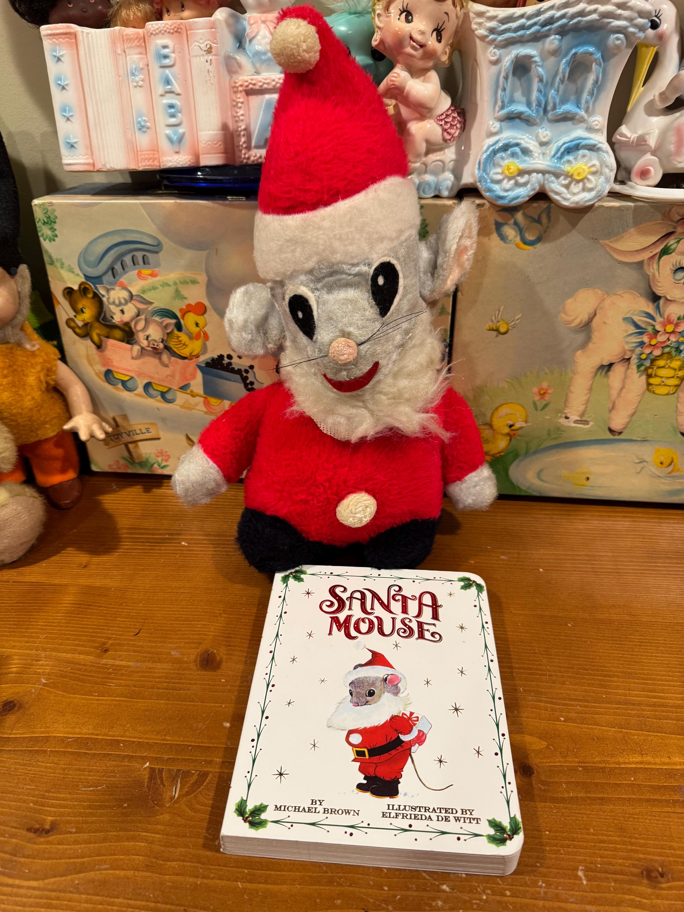Vintage Santa Mouse Plush & Board Book Set, 1960s Holiday Decor