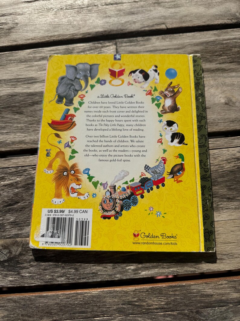Pode incluir: A contracapa de um Little Golden Book, com fundo amarelo e ilustra&ccedil;&otilde;es de animais e um comboio. O texto inclui "a Little Golden Book" e informa&ccedil;&otilde;es sobre os livros. A lombada &eacute; dourada.