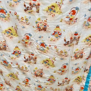 May include: Vintage white fabric with a repeating pattern of whimsical illustrations. The design features children, castles, and other playful elements in shades of red, blue, yellow, and orange. The fabric has a turquoise blue border.