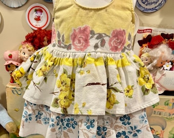 6/9 Months Handmade Vintage Tablecloth Dress, Hats and Bloomers