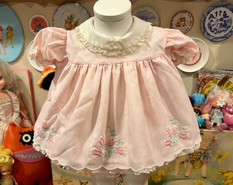 6-9 Months Pink Swiss Dot Dress and Bloomers