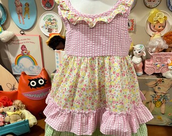 Robe 2T à volants en seersucker et fleurs