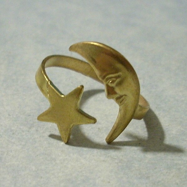 Vintage Brass Crescent Moon and Star Ring Adjustable Half Moon Ring