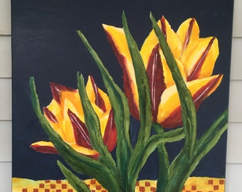 Original Tulip painting 20x20" Bold graphic floral , great accent piece.