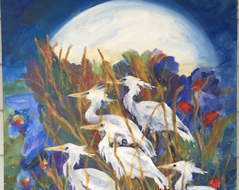 Garzas a la luz de la luna - 20x20" - Pintura original - Nuevo para 2024