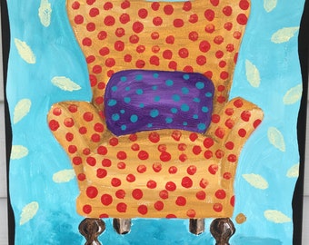 Polka Dot Chair with Purple Pillow - Original painting - 12 x 2 "