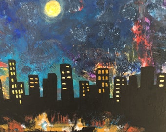 original painting, city at night  , 20x20 inches, acrylic, moon painting