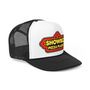 May include: A black and white trucker hat with a red and yellow logo that says "Showbiz Pizza Place".
